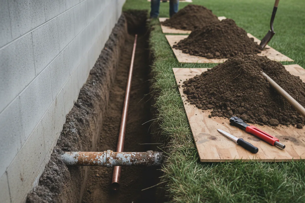 Excavated water line trench during Water Softener Installation in Sarepta